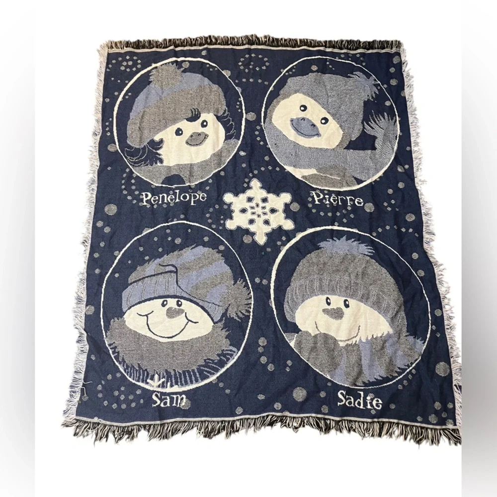 Vintage Y2K Woven Throw Blanket Penguin Characters Fringed Edge Blue Cream 56x49